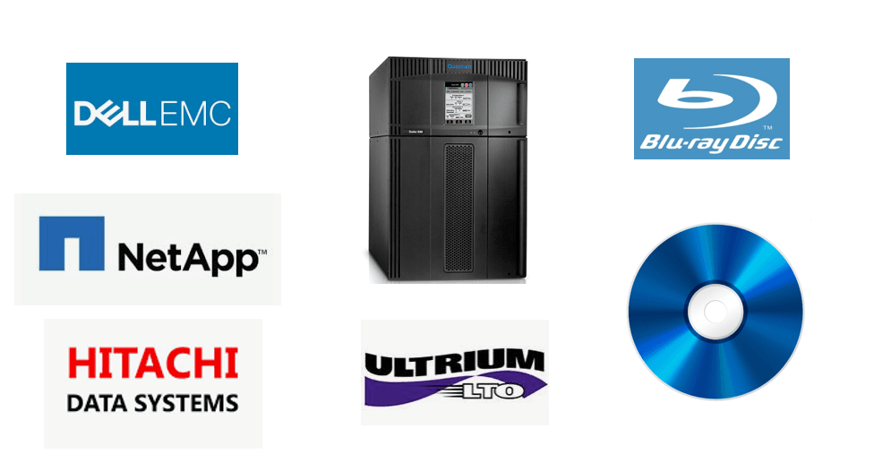 Compatible Data Archive Devices include EMC ECS, NetApp StorageGrid, LTO Tape Libraries, and Blu-ray Optical Libraries